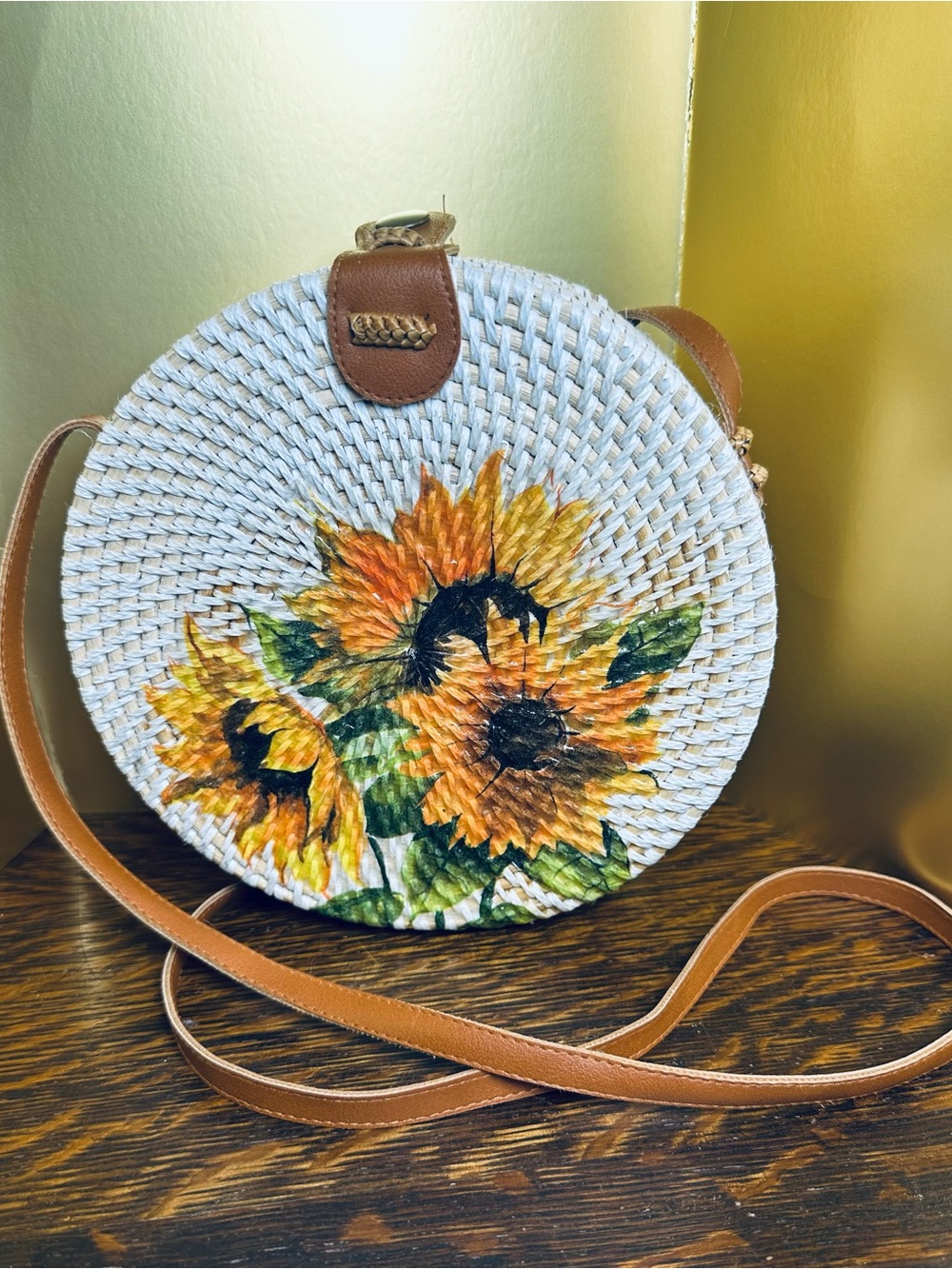 Hand-Woven Bali Round Rattan Crossbody Bag – Painted Sunflower Boho Purse